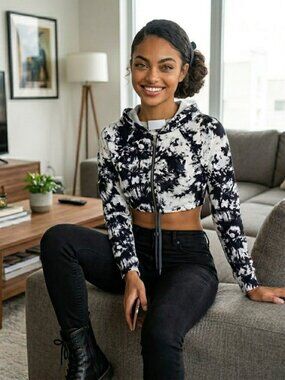 PLAYBOY Tie Dye Black White Cropped Pullover Hoodie